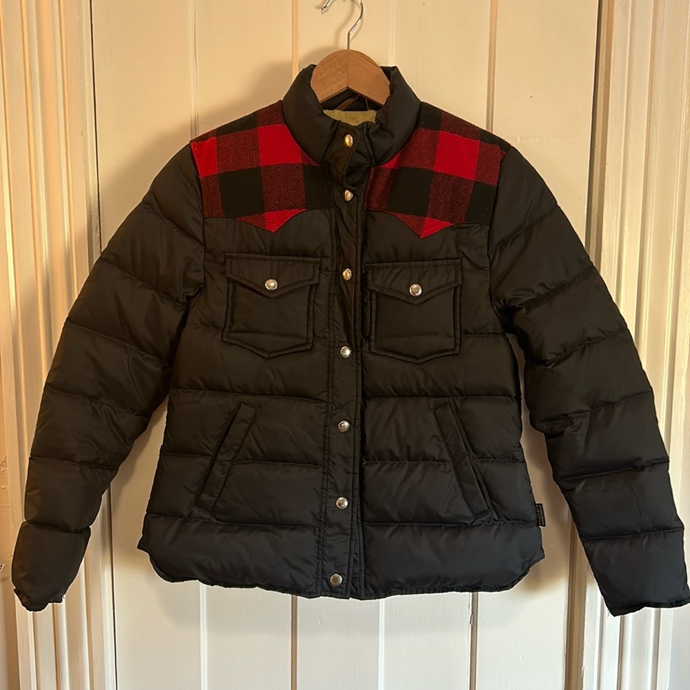 Penfield women’s Black Down Coat with Buffalo Plaid Detail Madewell Collab